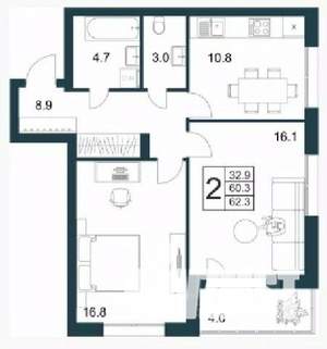 2-к квартира, строящийся дом, 62м2, 1/21 этаж