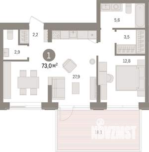 1-к квартира, строящийся дом, 73м2, 2/25 этаж
