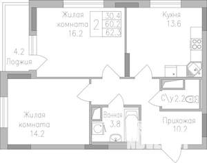 2-к квартира, строящийся дом, 62м2, 17/19 этаж