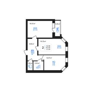 2-к квартира, строящийся дом, 62м2, 6/7 этаж