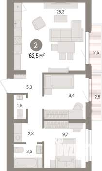 2-к квартира, строящийся дом, 63м2, 6/25 этаж