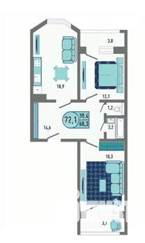 2-к квартира, строящийся дом, 71м2, 1/18 этаж
