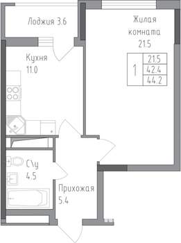 1-к квартира, строящийся дом, 44м2, 3/19 этаж
