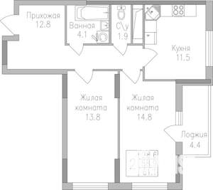 2-к квартира, строящийся дом, 61м2, 19/19 этаж