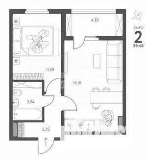 1-к квартира, вторичка, 39м2, 7/17 этаж