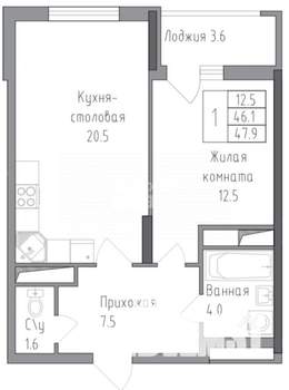 1-к квартира, вторичка, 48м2, 5/19 этаж