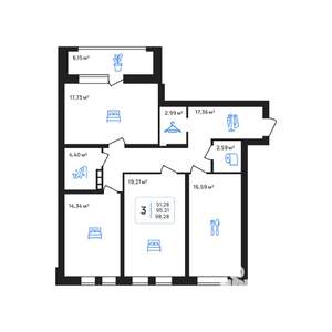 3-к квартира, строящийся дом, 98м2, 7/8 этаж
