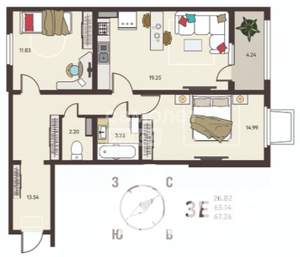 2-к квартира, вторичка, 67м2, 1/17 этаж