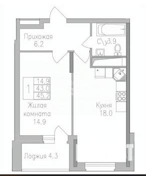 1-к квартира, вторичка, 45м2, 13/19 этаж