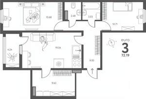 2-к квартира, сданный дом, 72м2, 11/17 этаж