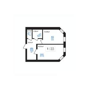 1-к квартира, строящийся дом, 43м2, 1/8 этаж