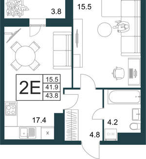 1-к квартира, вторичка, 44м2, 2/21 этаж