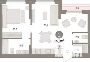 1-к квартира, строящийся дом, 55м2, 8/25 этаж