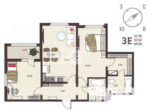 2-к квартира, вторичка, 69м2, 7/18 этаж