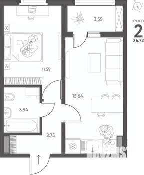 1-к квартира, сданный дом, 37м2, 4/17 этаж