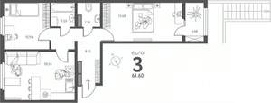 2-к квартира, сданный дом, 62м2, 1/17 этаж