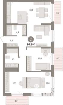2-к квартира, строящийся дом, 97м2, 19/25 этаж