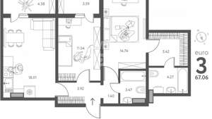 3-к квартира, строящийся дом, 67м2, 17/18 этаж