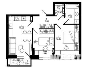 2-к квартира, вторичка, 53м2, 2/17 этаж