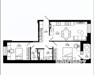 2-к квартира, строящийся дом, 63м2, 16/17 этаж
