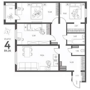 3-к квартира, строящийся дом, 84м2, 13/18 этаж