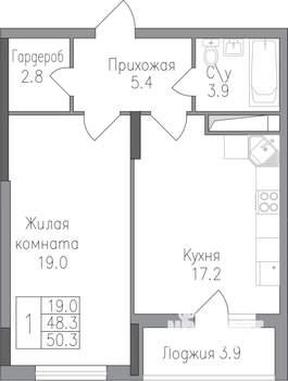 1-к квартира, строящийся дом, 50м2, 16/17 этаж