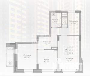 2-к квартира, вторичка, 62м2, 3/25 этаж