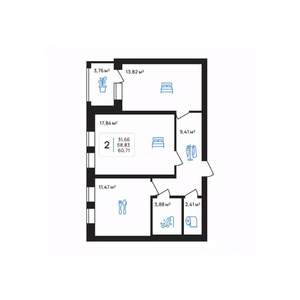 2-к квартира, строящийся дом, 61м2, 6/8 этаж