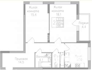 2-к квартира, вторичка, 66м2, 3/19 этаж