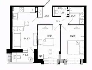 2-к квартира, строящийся дом, 51м2, 8/12 этаж