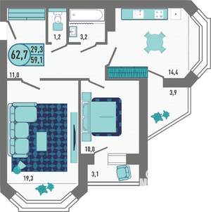 2-к квартира, строящийся дом, 63м2, 4/18 этаж