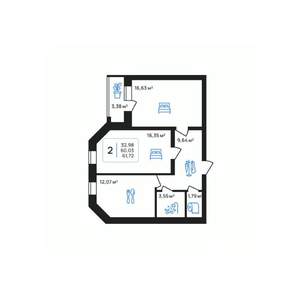 2-к квартира, строящийся дом, 62м2, 3/8 этаж