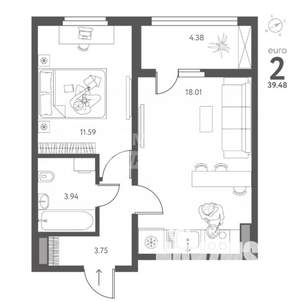 1-к квартира, вторичка, 40м2, 10/17 этаж
