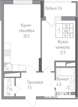 1-к квартира, строящийся дом, 48м2, 18/19 этаж