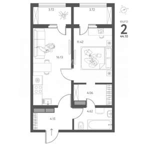 1-к квартира, вторичка, 44м2, 16/17 этаж