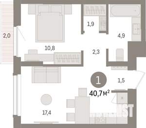 1-к квартира, строящийся дом, 41м2, 6/25 этаж