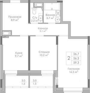 2-к квартира, строящийся дом, 59м2, 13/19 этаж