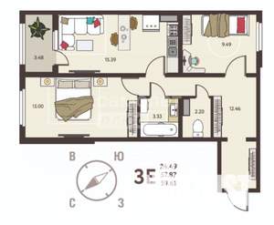 2-к квартира, вторичка, 60м2, 10/18 этаж
