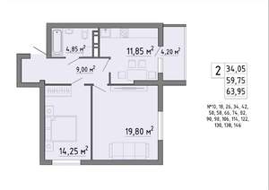 2-к квартира, строящийся дом, 64м2, 13/19 этаж