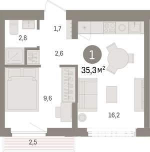 1-к квартира, строящийся дом, 35м2, 6/25 этаж