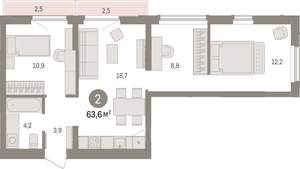 2-к квартира, строящийся дом, 64м2, 3/25 этаж