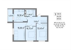 3-к квартира, строящийся дом, 70м2, 13/19 этаж