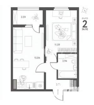 2-к квартира, вторичка, 37м2, 13/17 этаж