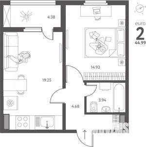 1-к квартира, сданный дом, 45м2, 15/17 этаж