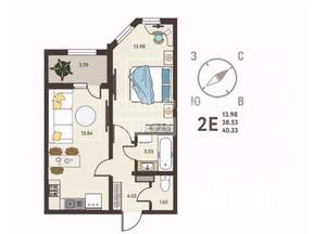 2-к квартира, вторичка, 40м2, 1/18 этаж