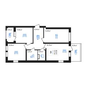 3-к квартира, строящийся дом, 82м2, 1/8 этаж