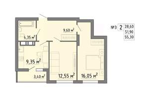 2-к квартира, строящийся дом, 55м2, 1/19 этаж