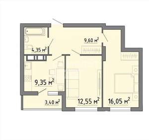2-к квартира, вторичка, 55м2, 1/19 этаж