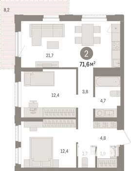 2-к квартира, строящийся дом, 72м2, 4/25 этаж