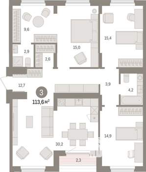 3-к квартира, строящийся дом, 114м2, 9/25 этаж